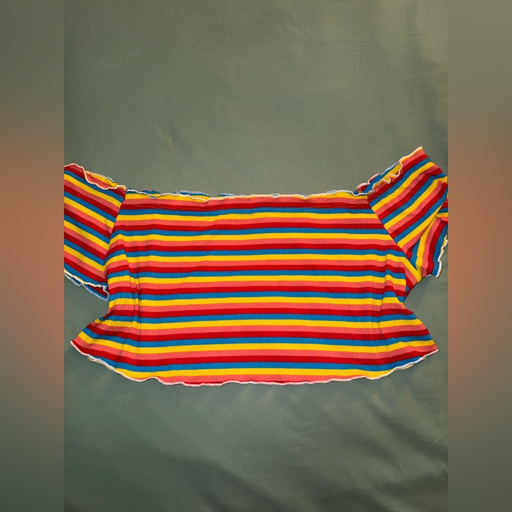 SHEIN Fit+ Plus Rainbow Striped Lettuce Trim Off Shoulder Crop Tee